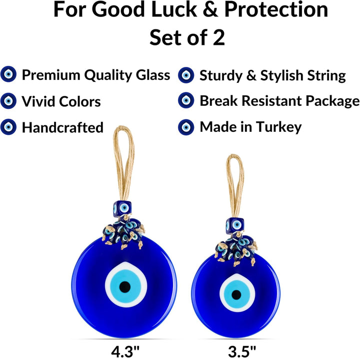 BCS Böser Blick, Wanddekoration, 2 Stück, 10.9 cm & 8.9 cm, blaues Glas, türkisches, griechisches Na
