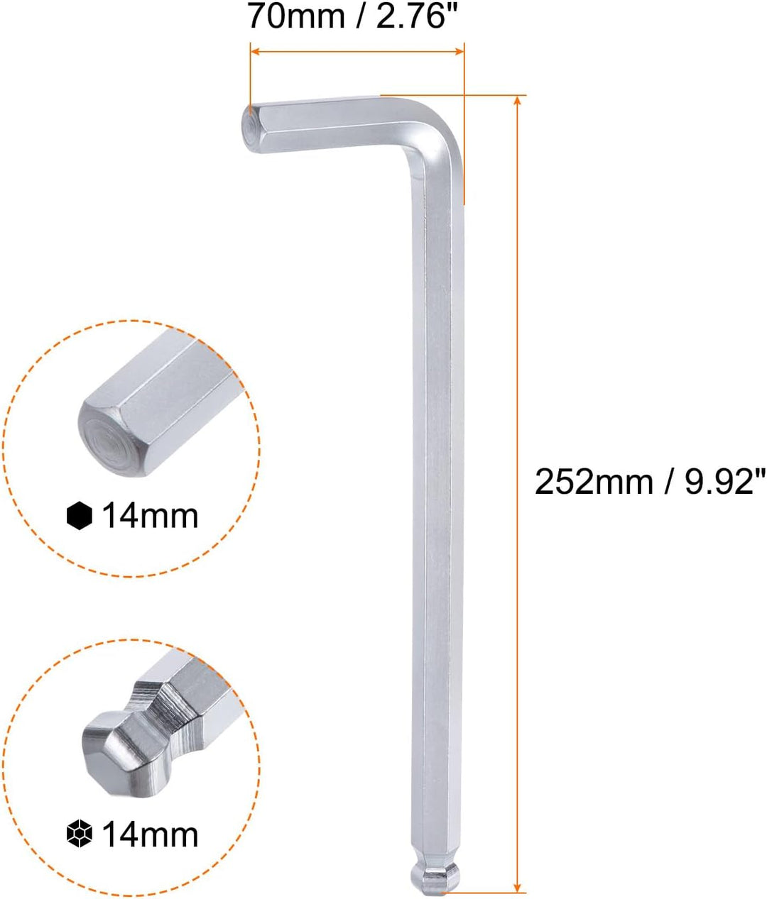 QUARKZMAN Innensechskantschlüssel mit Kugelkopf 14mm L Form langer Arm Sechskantschlüssel Metrische