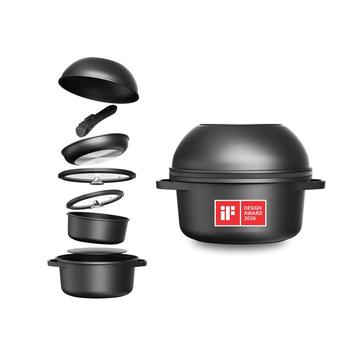 Essential Topf und Pfannenset 8-teilig Induktion, Abnehmbarer Griff, Stapelbar, Platzsparend, Backof