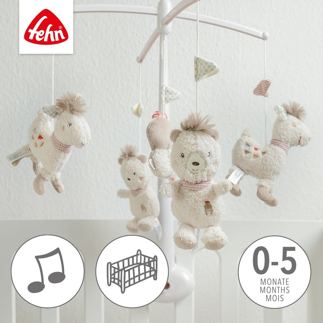 Fehn Musik Mobile Peru - Baby Einschlafhilfe Musikspielzeug mit süssen Tieren - Babymobile Spieluhr