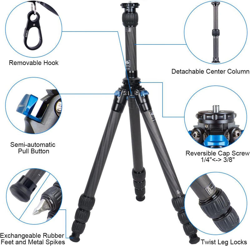 SIRUI AM-284+SL-200 Grosses Carbonfaser-Stativ mit Mittelsäule, leichtes tragbares Profi-Stativ für