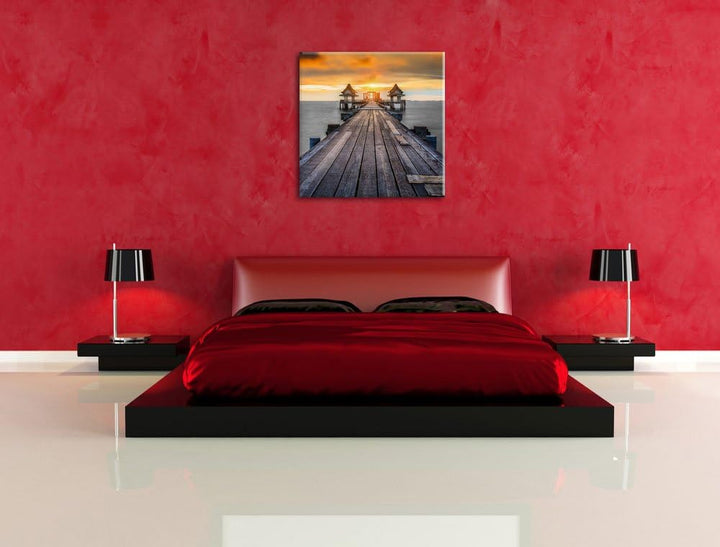 Pixxprint Alter Bootssteg beim Sonnenuntergang schwarz/weiss, Format: 70x70 auf Leinwand, 70x70