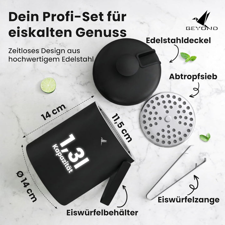 Beyond Eiswürfelbehälter mit Deckel und Zange 100% bpa frei aus Edelstahl - Eiswürfelkühler, doppelw