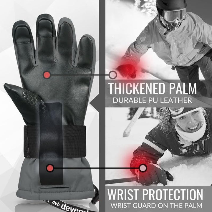 devembr Skihandschuhe mit Handgelenkschützern, Warme Snowboardhandschuhe für Herren und Damen S Grau