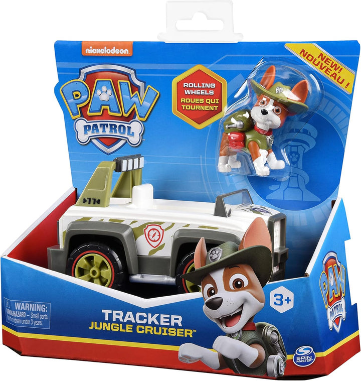 PAW PATROL, 10. Jubiläum, Dschungel-Fahrzeug mit Tracker-Figur (Basic Vehicle/Basis Fahrzeug), Spiel