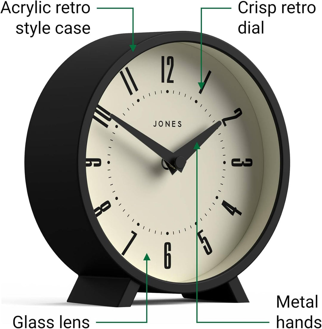 JONES CLOCKS® Venus schreibtischuhr | Modernes rundes Design | Schwarz | Stilvoller retrolook für Re