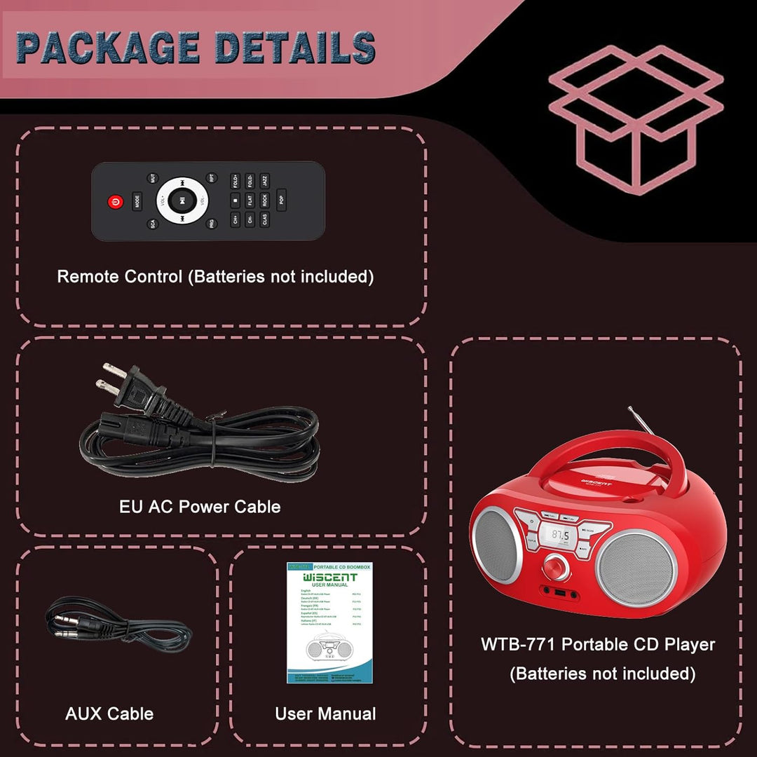 Tragbares Radio – mit CD-Player, Bluetooth Boombox, UKW-Radio, Fernbedienung, USB/AUX-Eingang, Kopfh