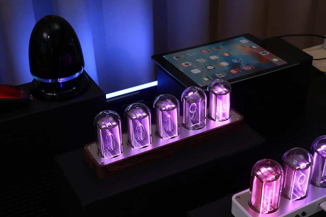 Lonyiabbi Nixie Röhrenuhr, elektronisch, LED-Leuchten, Mulation, Retro, moderner Holzwecker, USB-bet