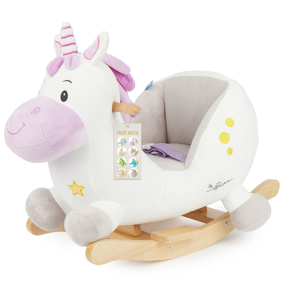 Bieco Plüsch Schaukeltier Einhorn, 60 cm | Kinder Schaukelstuhl mit Sicherheitsgurt | Baby Schaukel