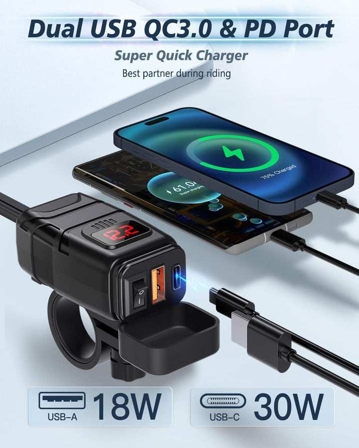 Extractme Motorrad-Handy-Ladegerät, 6,4 A Dual USB Typ C PD & Quick Charge 3.0 Motorrad USB-Ladegerä