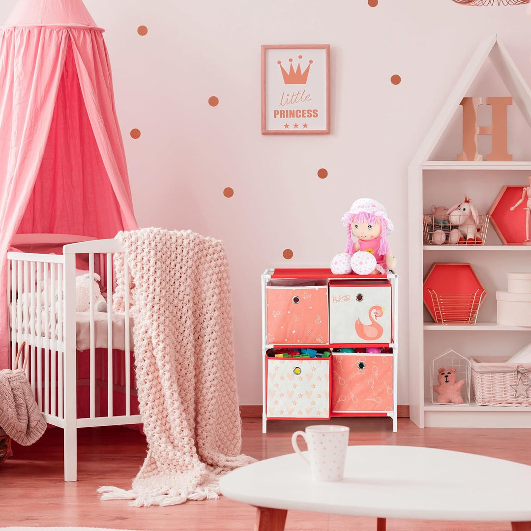 Relaxdays Kinderregal mit 4 Boxen, Spielzeug, Mädchen, Schwan-Design, Regal Kinderzimmer, HBT: 62 x