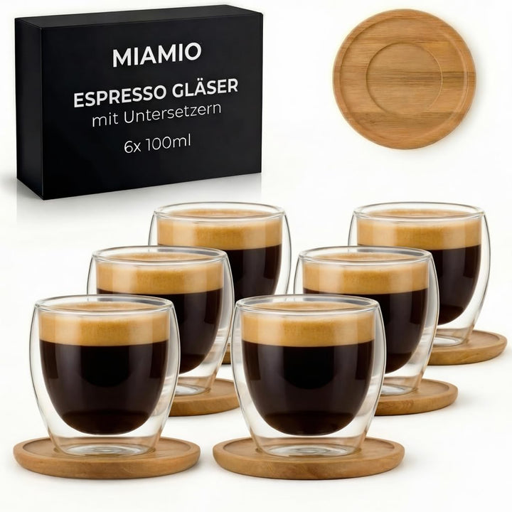 MIAMIO - Espressotassen 6er Set/doppelwandige Espresso Gläser/ohne Henkel/mit Untersetzer/Glas/dickw