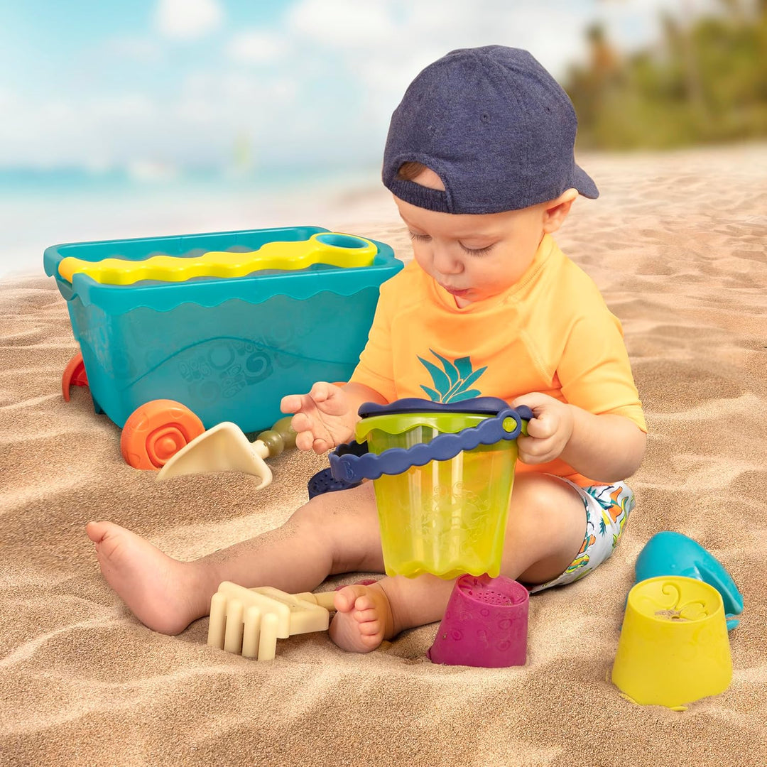 B. toys Sandspielzeug 11 Teile mit Bollerwagen – Sandkasten Spielzeug, Strand, Spielplatz mit Eimer,