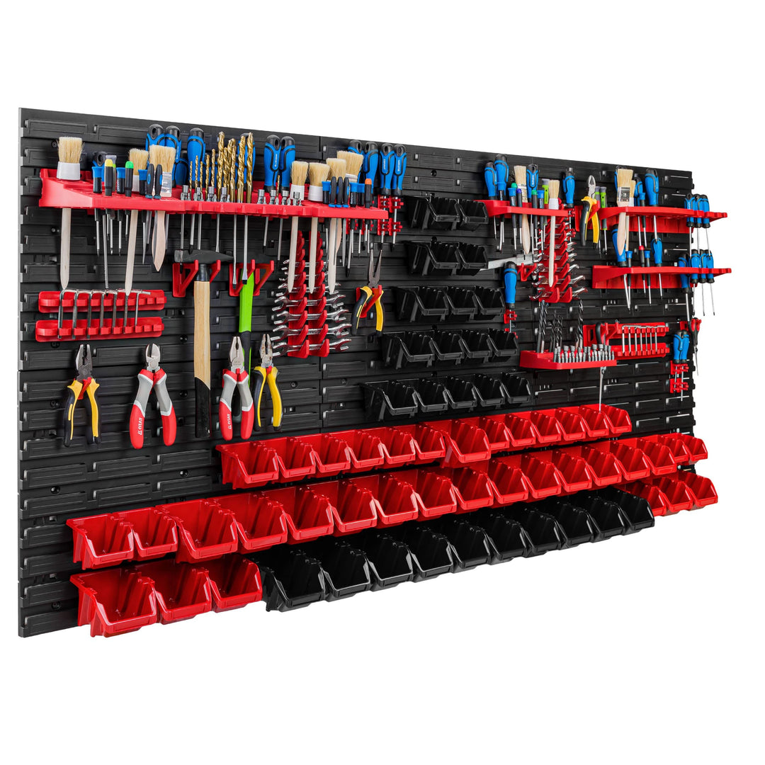 Lagersystem Werkstattregal | 172 x 78 cm | 62 stck. Box | Wandregal mit Werkzeughalterungen und Stap