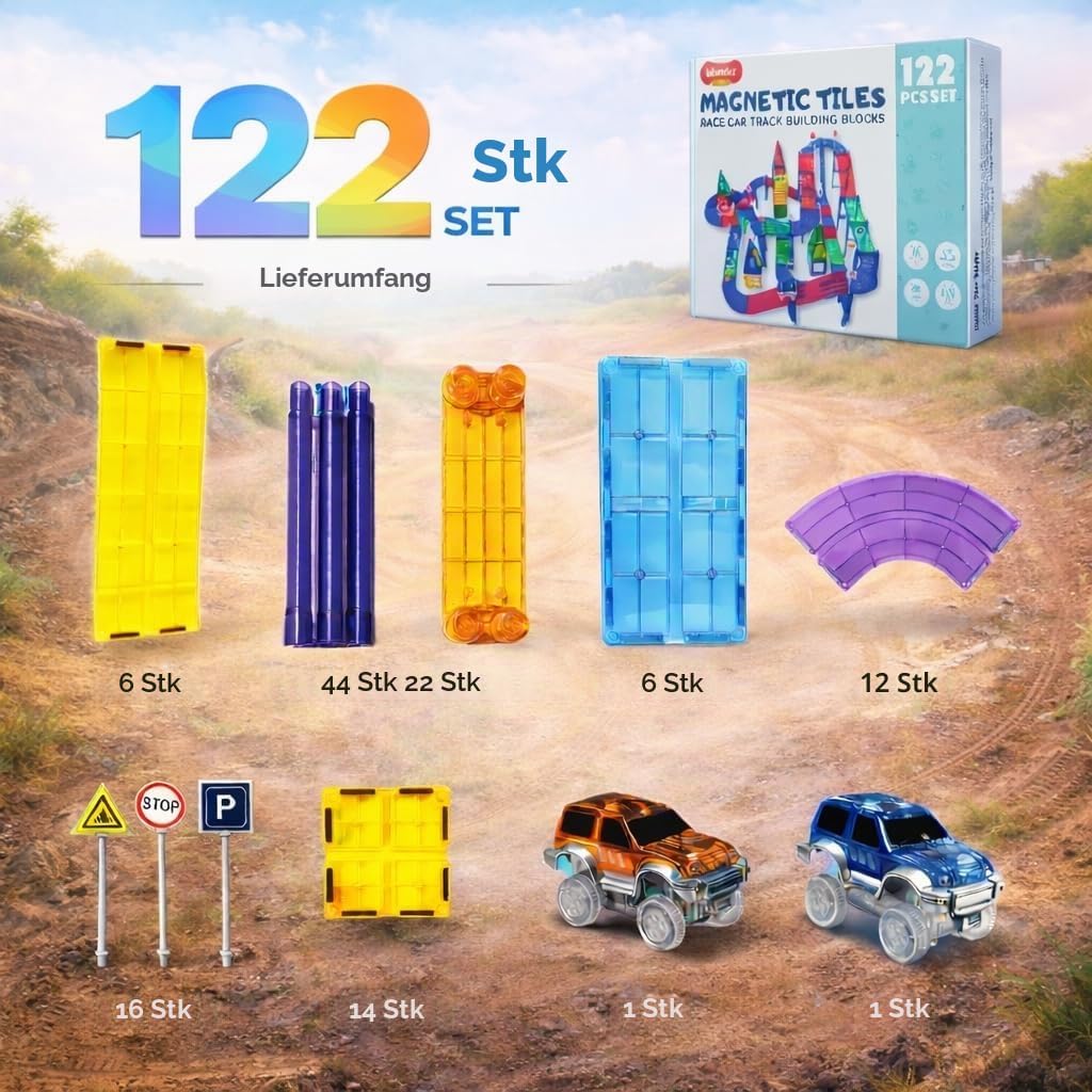 Wonder Toys 122 Stück Rennauto-Bausteine - Lernspielzeug - Magnetfliesen - Spielset 2 LKW - Lernbaus