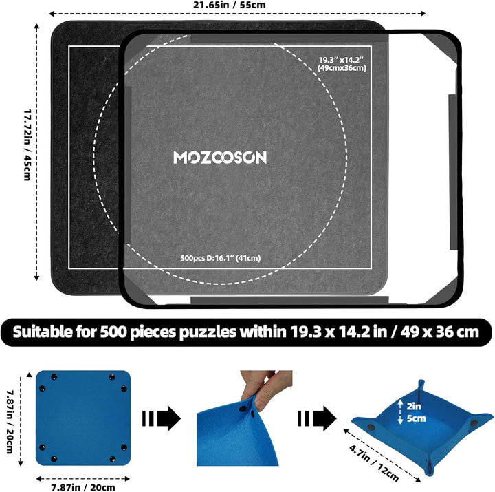 MOZOOSON Puzzlebrett 500 Teile mit 6 Sortierschalen, Tragbare Puzzlematte mit Transparenter Wasserdi