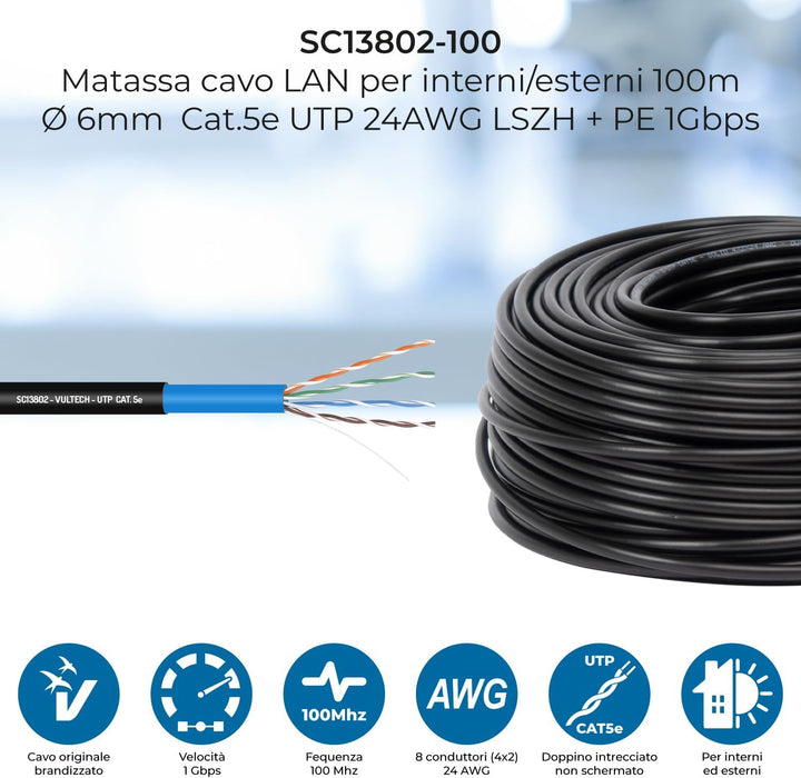 VulTech SC13802-100 Spule Lan Cat 5e UTP 100 Meter 24AWG für den Aussenbereich Doppelmantel PE+LSZH
