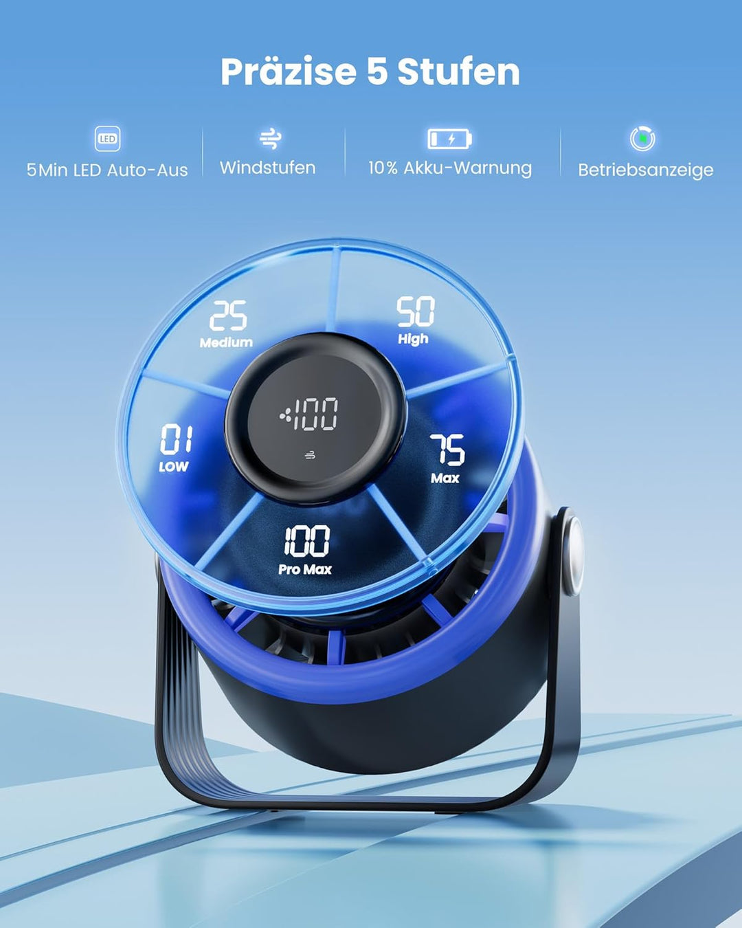 Gaiatop USB Ventilator Klein Leise, Akku Tischventilator mit 5 Stufen & Kraftvoller Luftstrom, Touch