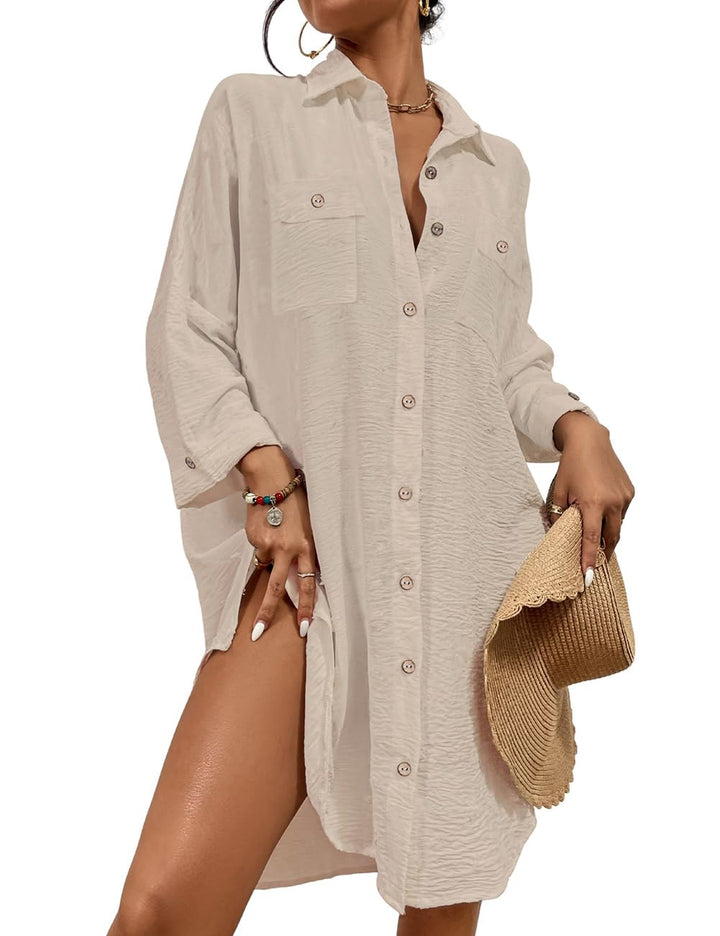 Bsubseach Frauen Badeanzug Coverup Shirt Kleid Button Down Badeanzug Cover Up Beachwear M B-aprikose