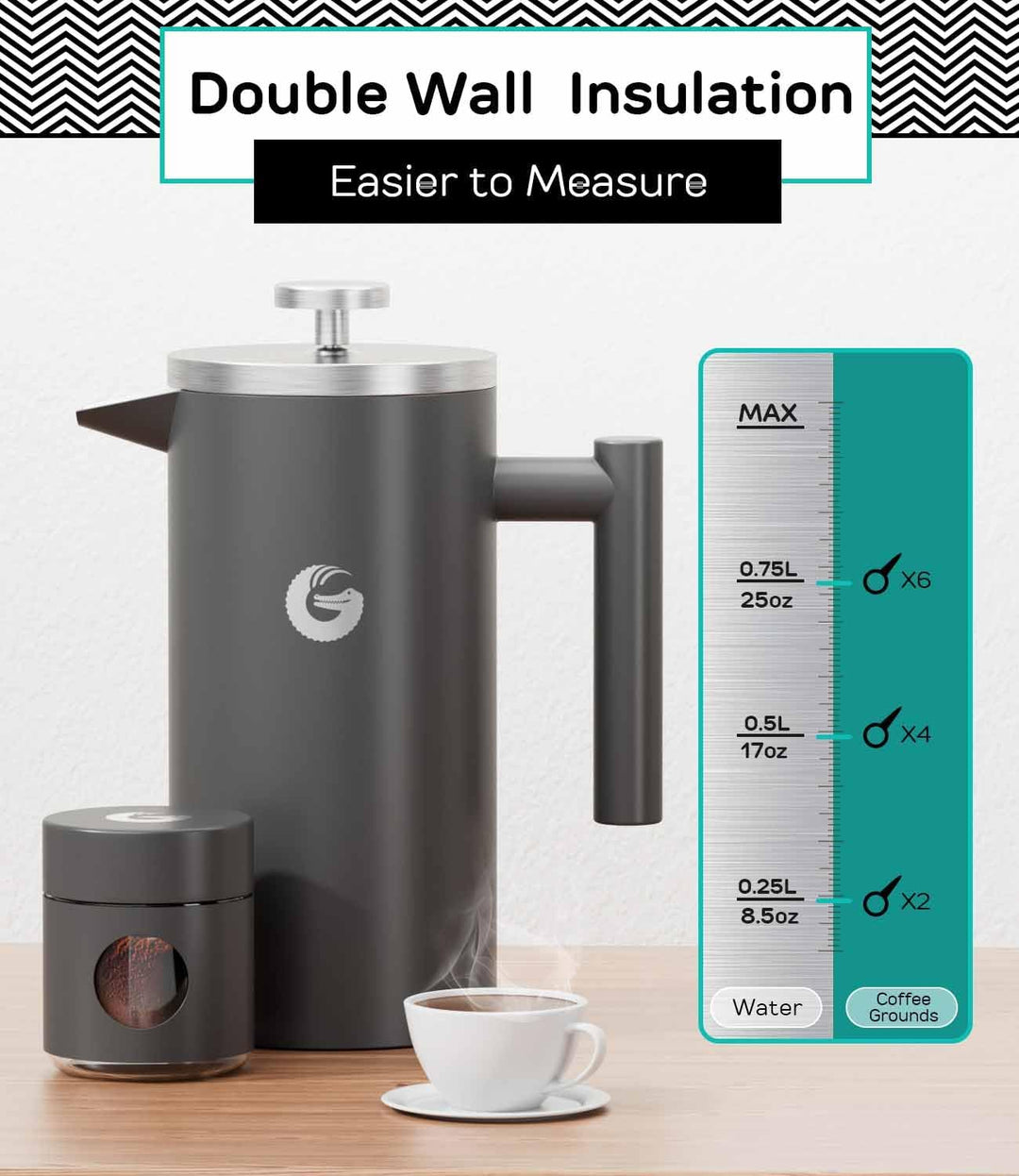 Coffee Gator French Press Kaffeebereiter - Thermo-Kaffeekanne aus Edelstahl für länger heissen Kaffe