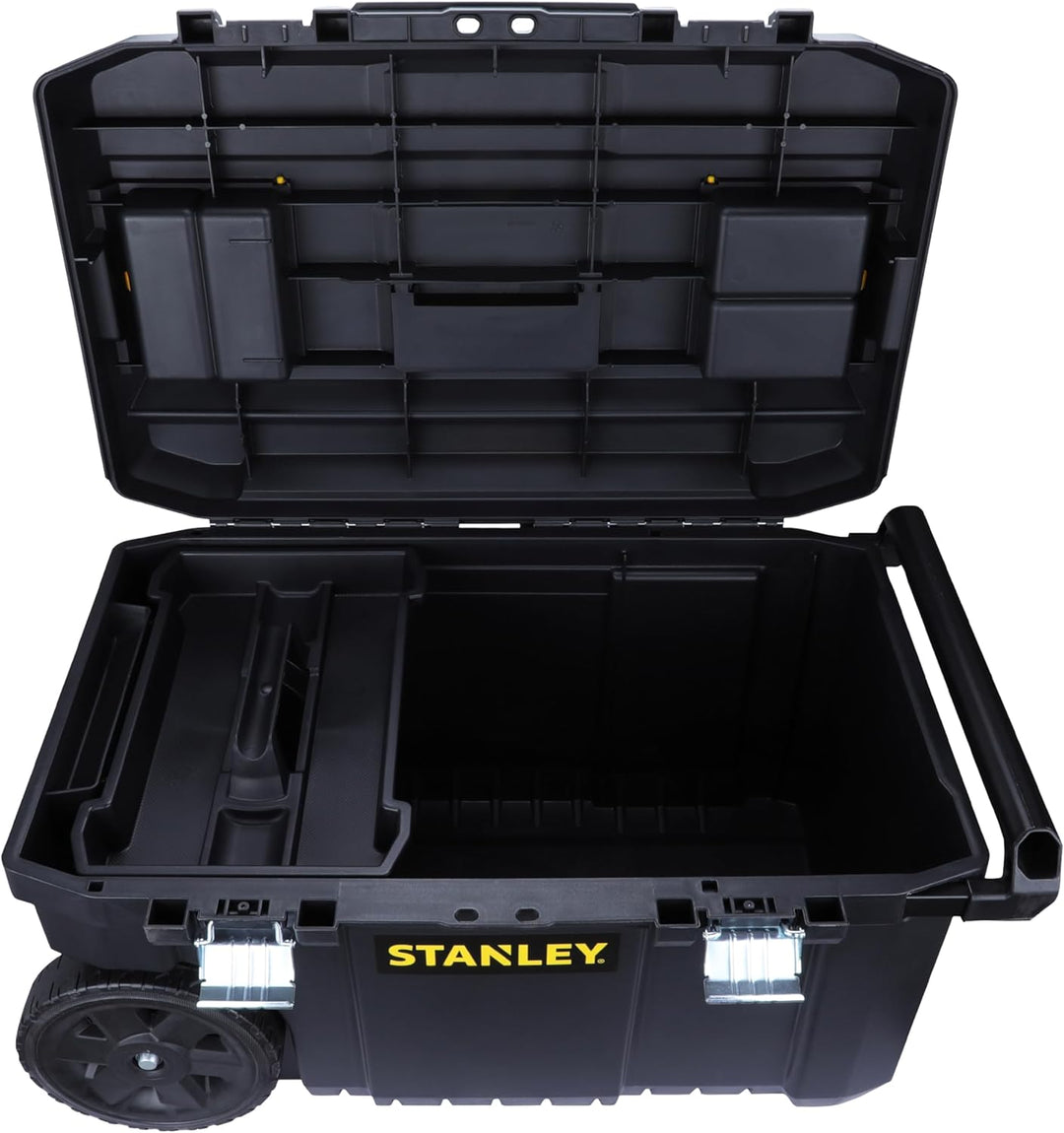 Stanley Essential Mobile Montagebox (50 L, Metallverschlüsse, Teleskopgriff, stabile Räder für schwe