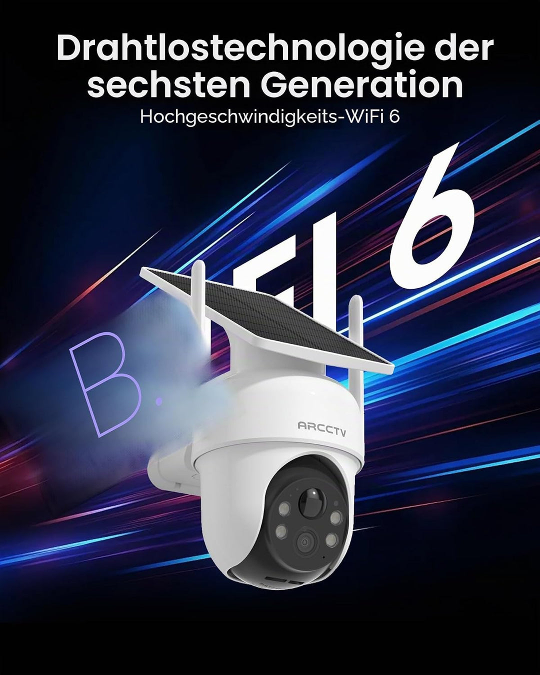 4MP Aussenüberwachungskamera, integriertes Solarpanel, 100 % kabellos für den Aussenbereich, 360°-Dr