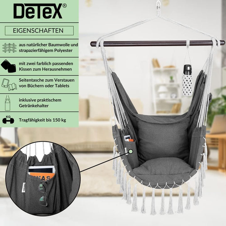 DETEX® Hängesessel bis 150kg Belastbar mit Flaschenhalter Boho Stil Wetterfest Garten 360° Drehbar A