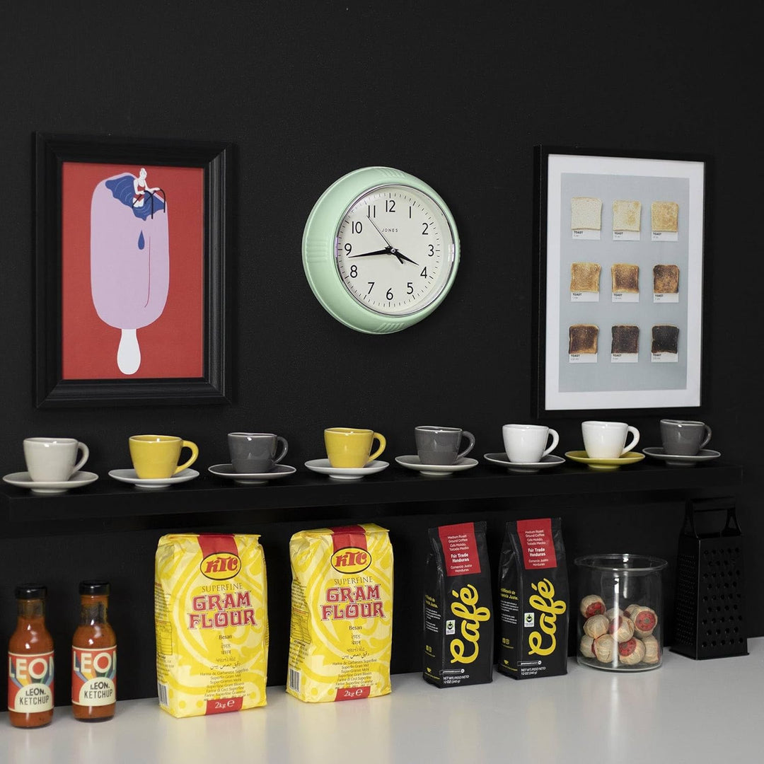 JONES CLOCKS® Ketchup-Wanduhr, Retro-Design, perfekt für die Küche, Heimbüro, Schlafzimmer 25cm (Neo