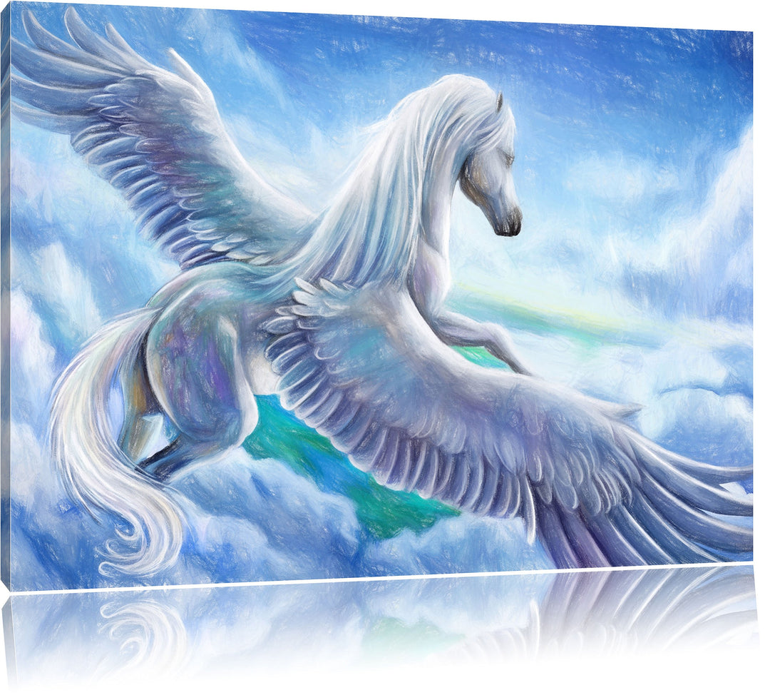 Pixxprint Pegasus fliegt über den Wolken Kunst Buntstift Effekt, Format: 100x70 auf Leinwand, 100x70