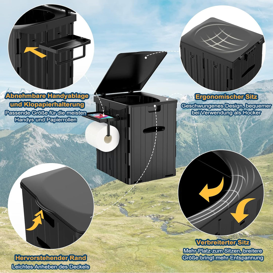 WADEO Tragbare Campingtoilette mit Deckel, 39 cm hohe Mobile Toilette mit 12 Stück Toilettenbeutel,