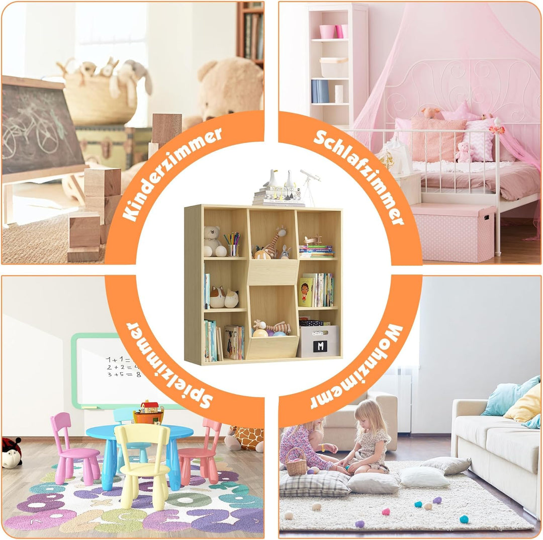 NACHES Bücherregal Kinder Bücher Aufbewahrung 90 x 30 x 90cm (Weiss) (Natur) | , Kinderregal mit 8 O