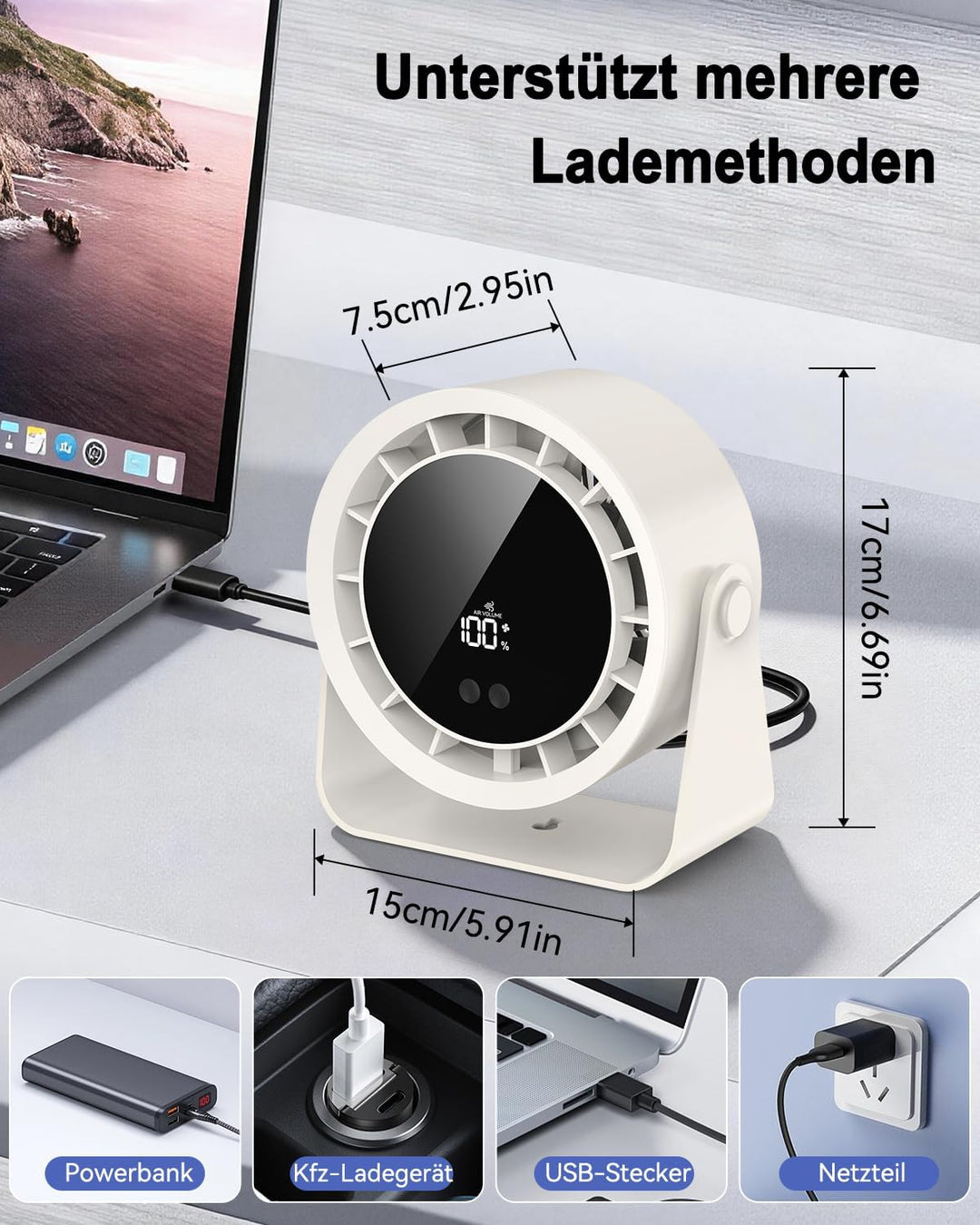 Timiyou Tischventilator Leise 28dB mit 4 Stufen & Turbo, Aufladbarer Akku, 360° Drehen & Kippen, Dig