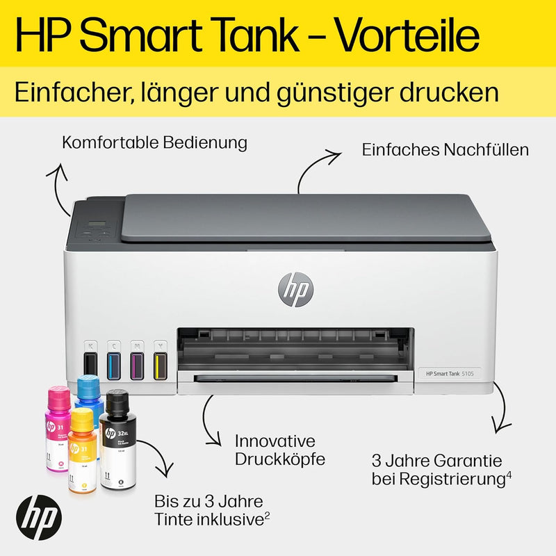 HP Smart Tank 5105 3-in-1 Multifunktionsdrucker, 20€ Cashback, (WLAN; Mobiles Drucken) – 3 Jahre Tin