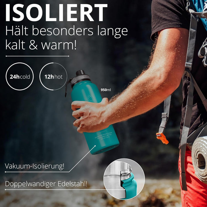 Trinkflasche Edelstahl ACTIVE FLASK + Strohhalm (3 Deckel) BPA-frei, Auslaufsicher, Kohlensäure geei