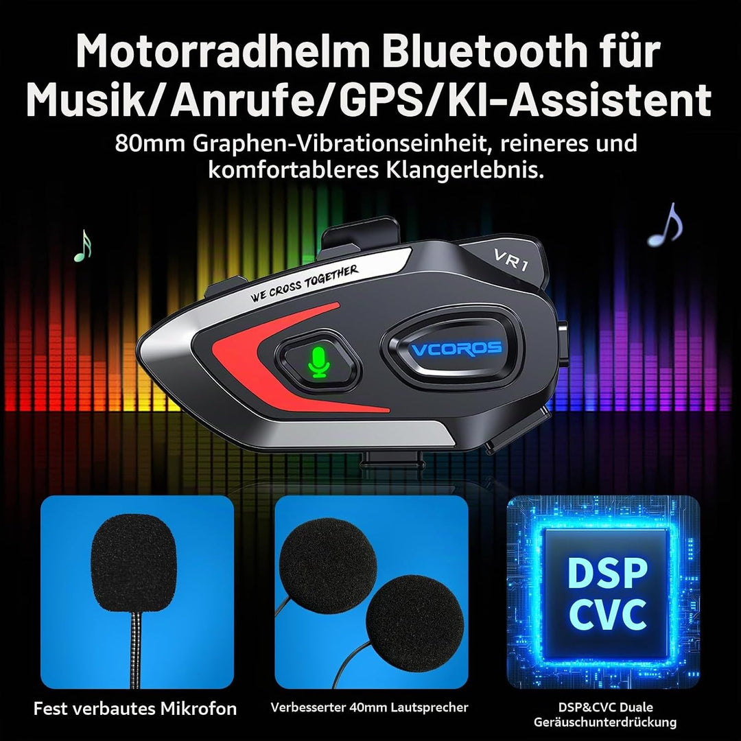 Motorrad Headset VR1,Motorrad Kopfhörer für eine Person,Motorrad Headset Bluetooth,Wasserdicht IPX6,