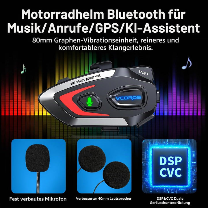 Motorrad Headset VR1,Motorrad Kopfhörer für eine Person,Motorrad Headset Bluetooth,Wasserdicht IPX6,