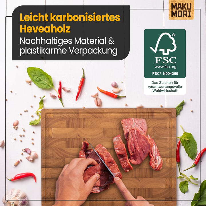 Premium Schneidebrett aus Massivholz, Stirnholz, End Grain 40x29x3cm - Aus leicht karbonisiertem Hev