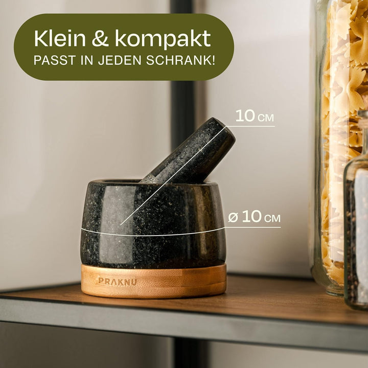 Mörser aus Granit klein mit Stössel - Für ein feines Mahlergebnis - Mit Untersetzer aus nachhaltigem