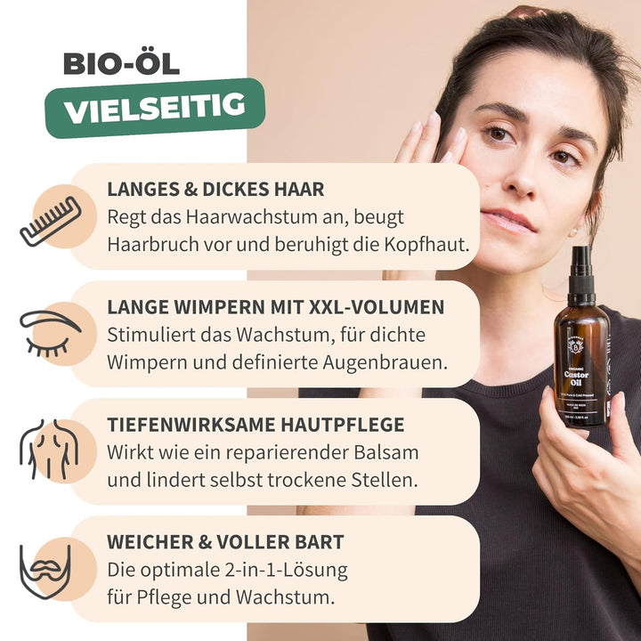 Bionoble Rizinusöl Bio 500ml - 100% Rein, Natürlich, Kaltgepresst - Wimpern, Augenbrauen, Haare, Bar