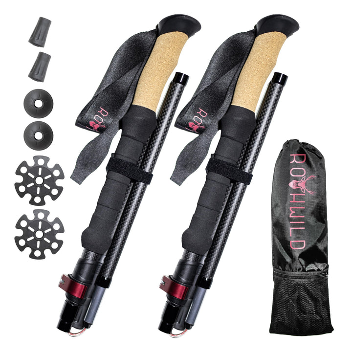 Rothwild Wanderstöcke, Modell Platzhirsch, Faltbare Carbon-Trekkingstöcke mit Kork-Griff, für Damen