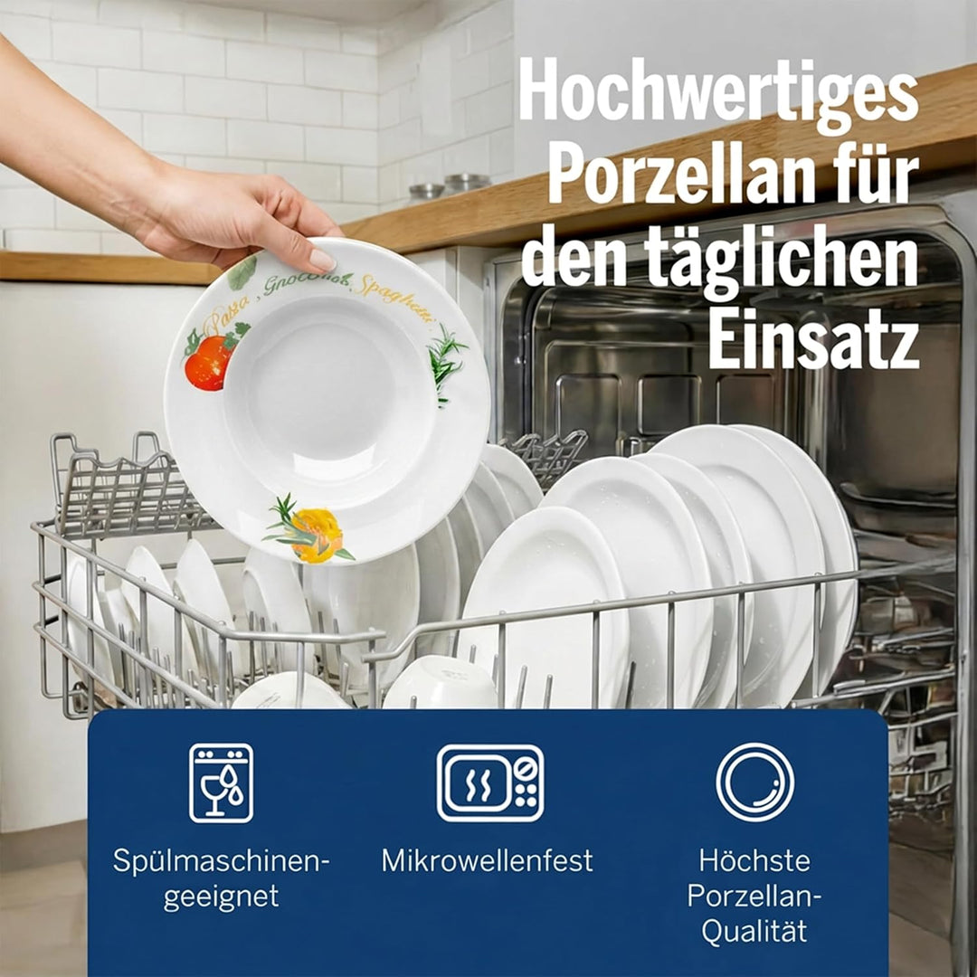 Van Well 6er Pasta-Teller-Set Milano mit Aufdruck I Ø 27 cm Porzellan-Teller I tiefe Nudelteller I S