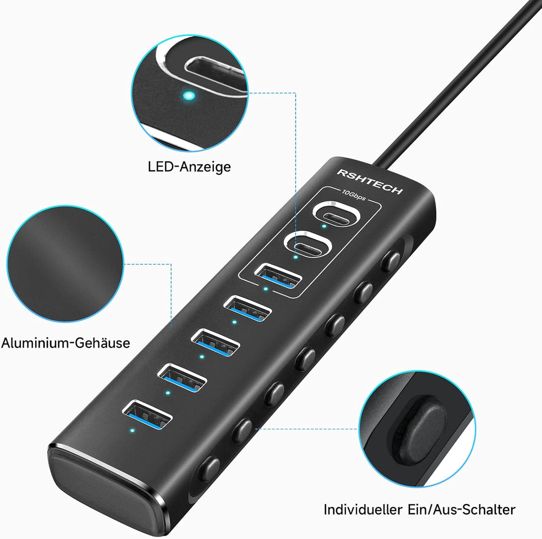 USB C Hub Aktiv mit Netzteil, RSHTECH 7-Port USB C 3.2 Hub Aktiv mit 3*10Gbps USB 3.2-Port (2*Typ-C,