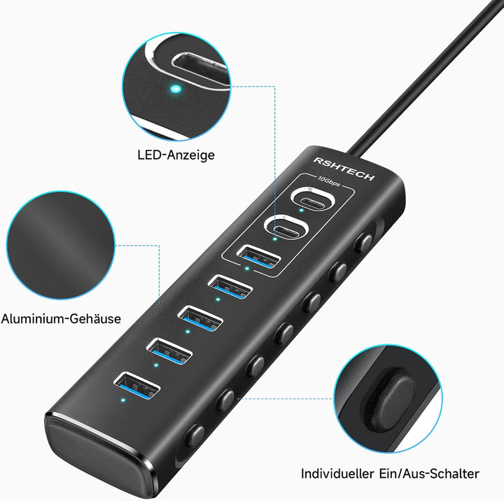 USB C Hub Aktiv mit Netzteil, RSHTECH 7-Port USB C 3.2 Hub Aktiv mit 3*10Gbps USB 3.2-Port (2*Typ-C,