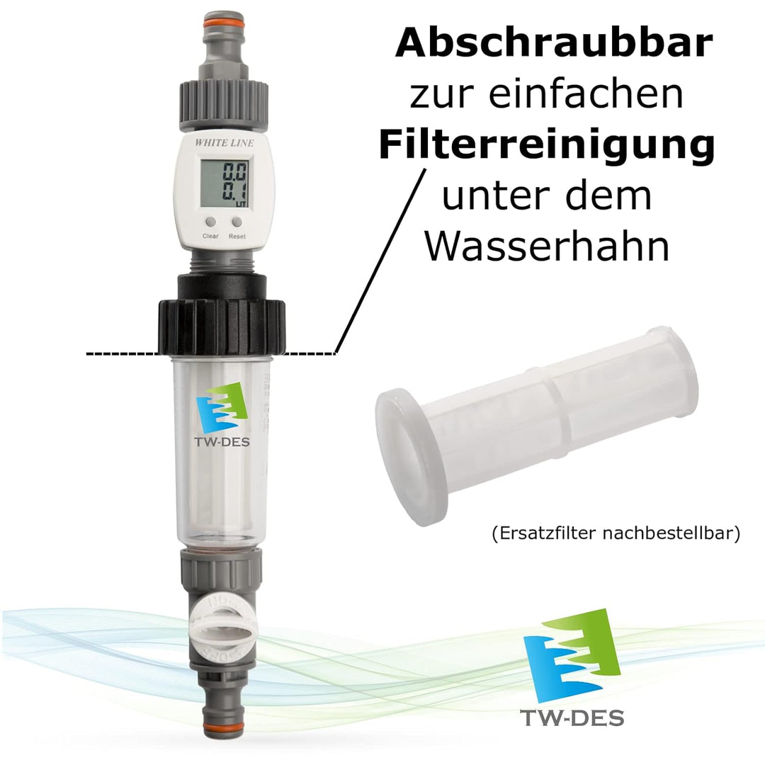TW-DES Original Befüllfilter "COMFORT" mit Wasseruhr inkl. Wasserhygiene für Wohnmobil, Caravan, Boo