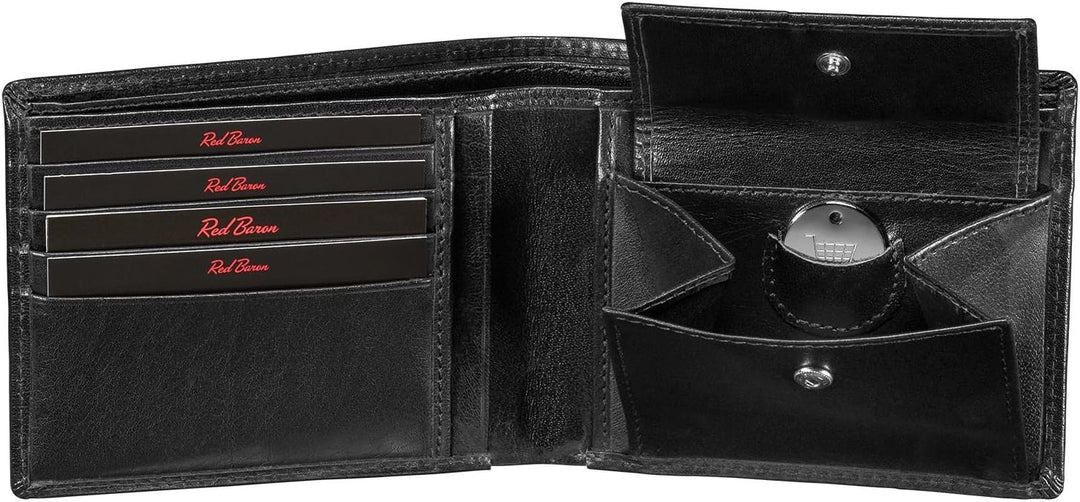Geldbeutel Männer Leder Querformat Schwarz mit Münzfach - Red Baron Portemonnaie Geldbörse Herren kl
