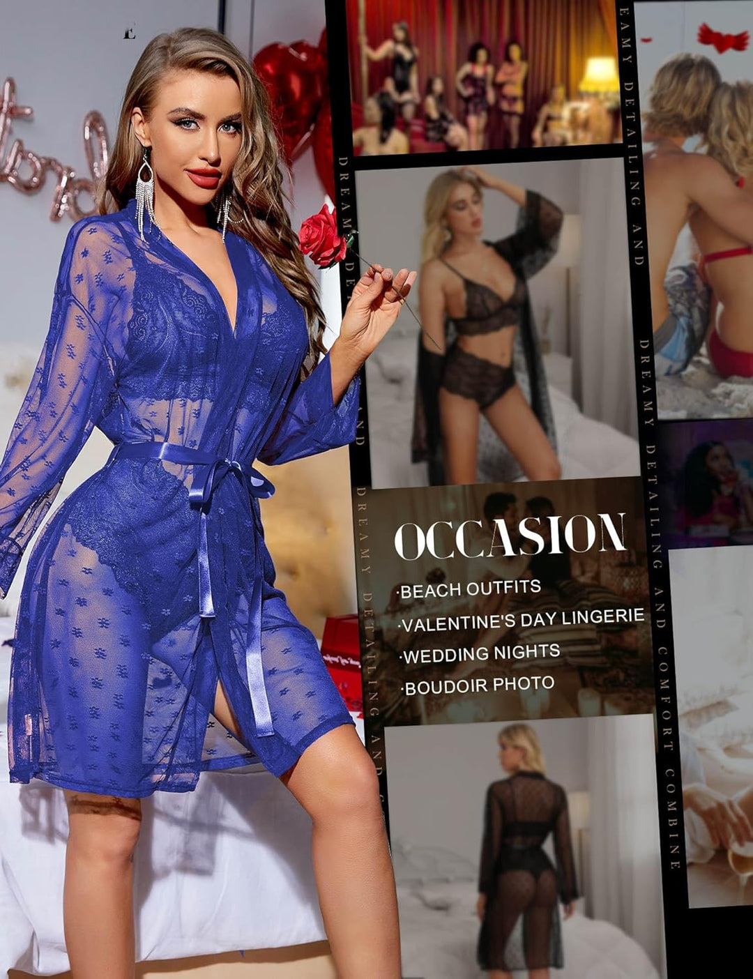 RSLOVE Sexy Dessous Set für Damen 3 teilig Spitzen Kimono mit BH und Höschen M Blau, M Blau