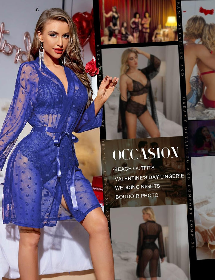 RSLOVE Sexy Dessous Set für Damen 3 teilig Spitzen Kimono mit BH und Höschen M Blau, M Blau