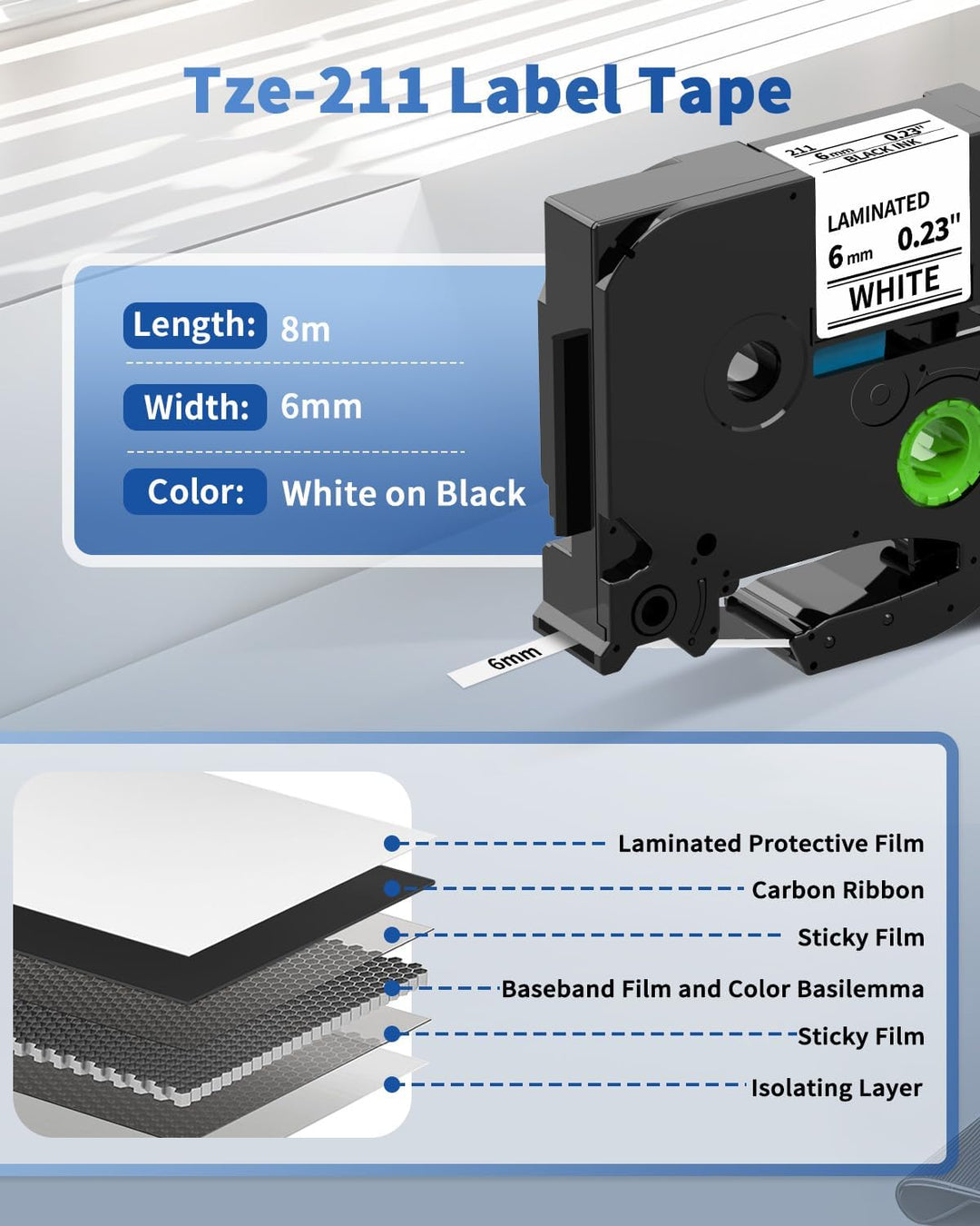 Upwinning Tze 211 Bänder 6mm Kompatibel mit Brother P-touch Bänder 6 mm x 8 m tze-211, Schwarz auf W