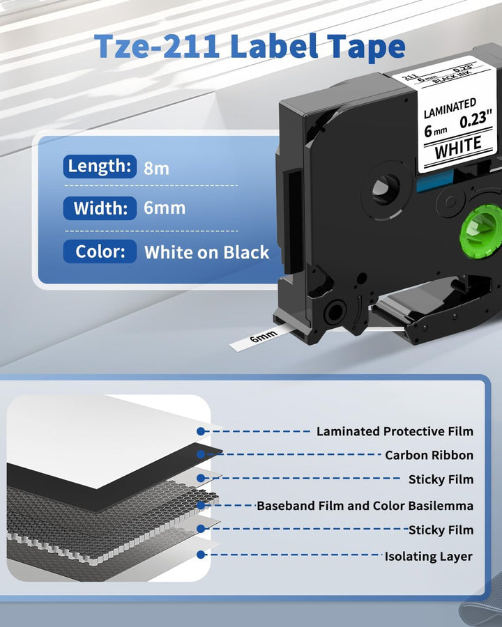 Upwinning Tze 211 Bänder 6mm Kompatibel mit Brother P-touch Bänder 6 mm x 8 m tze-211, Schwarz auf W