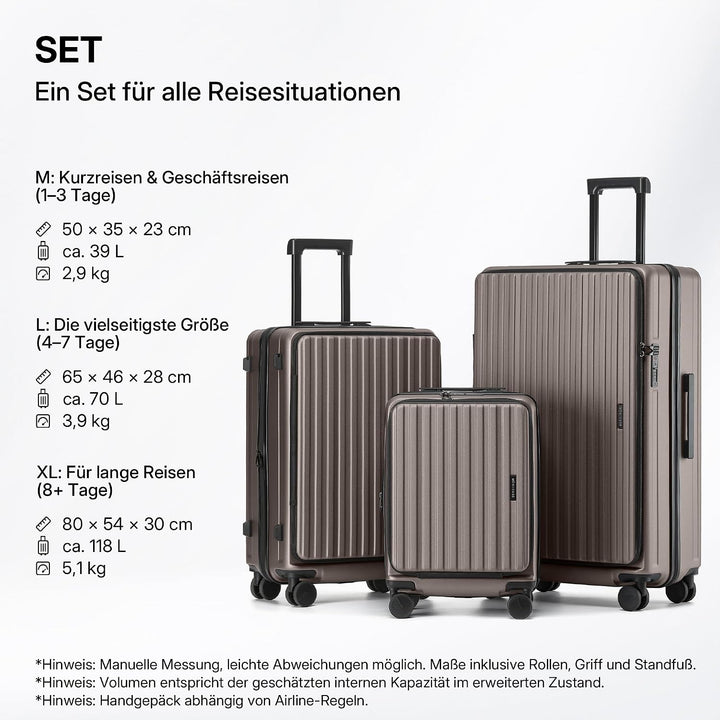 Münicase Kofferset 3-teilig, Top-Öffnung, TSA, Coffee | 3 Grössen M/L/XL, Erweiterbar, Kompressionsg